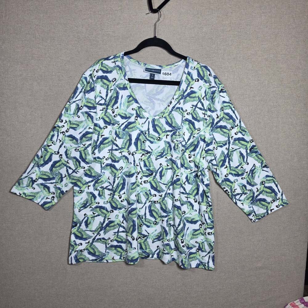 Karen Scott Blue & Green Bird Print Top 3/4 Sleeve Henley Neck Tee casual